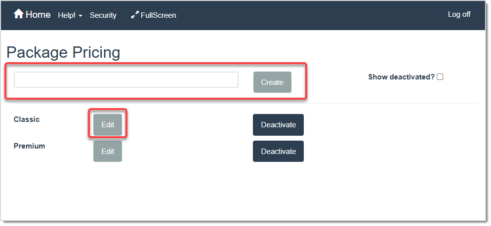 Image displaying the Package Pricing page of the LifeSaver software with create and edit functions highlighted.