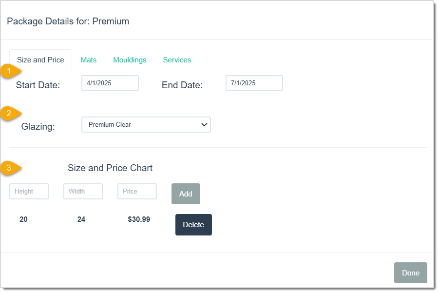Image displaying the Size and Price tab of the Package Details window of the LifeSaver software with key functions highlighted.