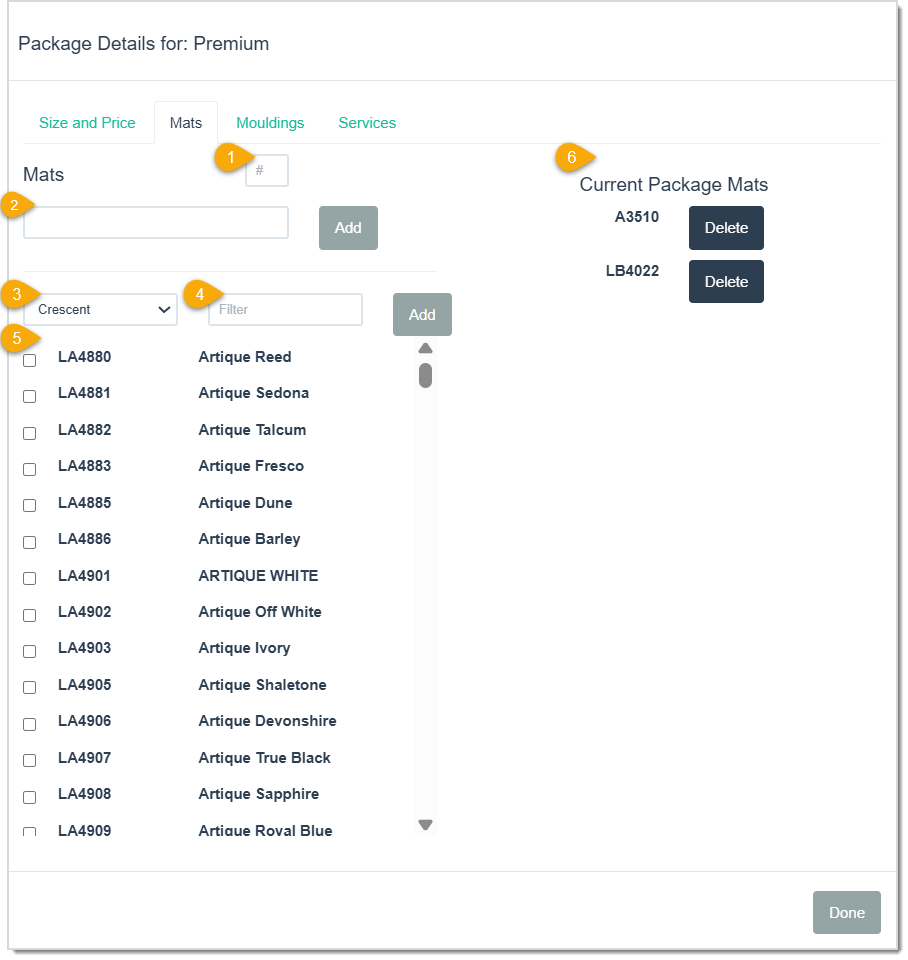 Image displaying the Mats tab of the Package Details window of the LifeSaver software with key functions highlighted.