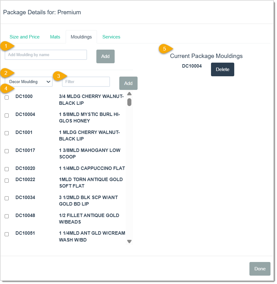 Image displaying the Mouldings tab of the Package Details window of the LifeSaver software with key functions highlighted.