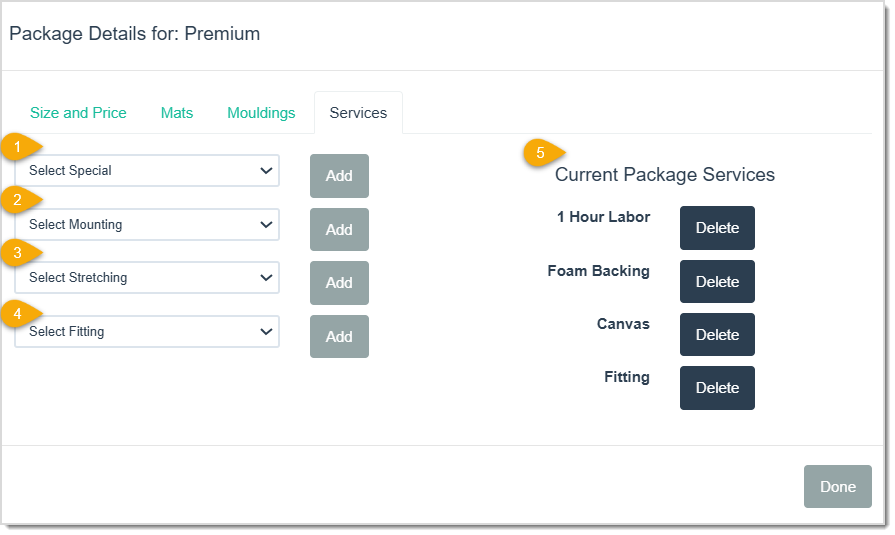Image displaying the Services tab of the Package Details window of the LifeSaver software with key functions highlighted.