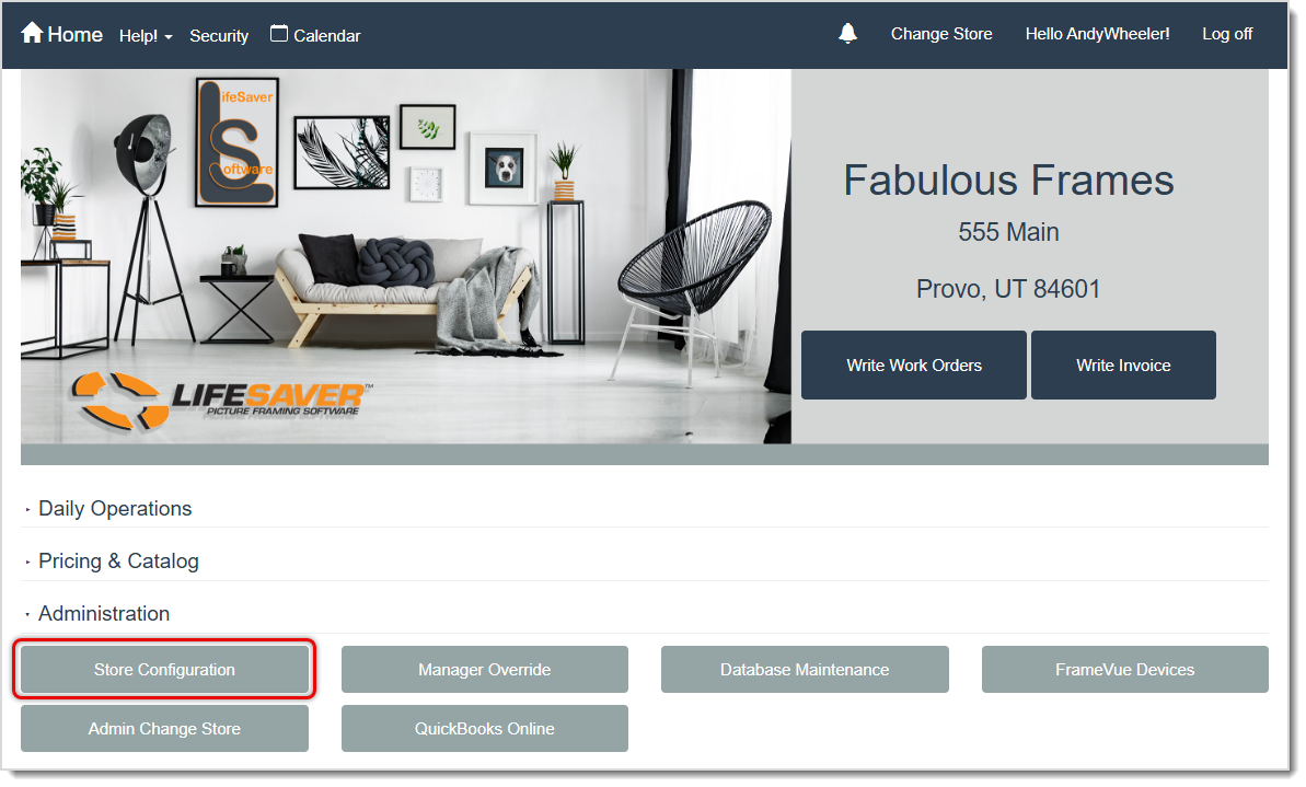 Image showing the Store Configuration area of the LifeSave Framing software Home page.