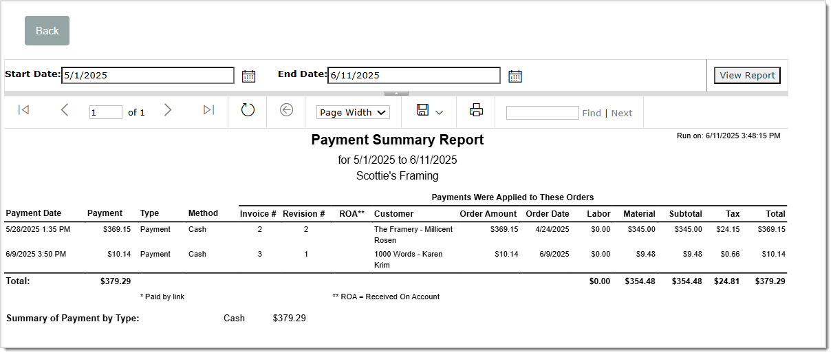 Image displaying the Payment Summary Report page.
