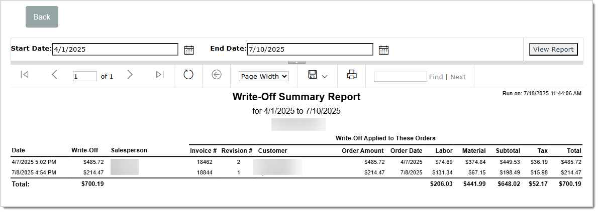 Image displaying the Write-Off Summary Report.