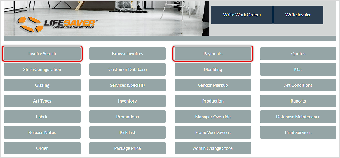 Image showing the Invoice Search and Payments buttons of the LifeSaver system’s Home page