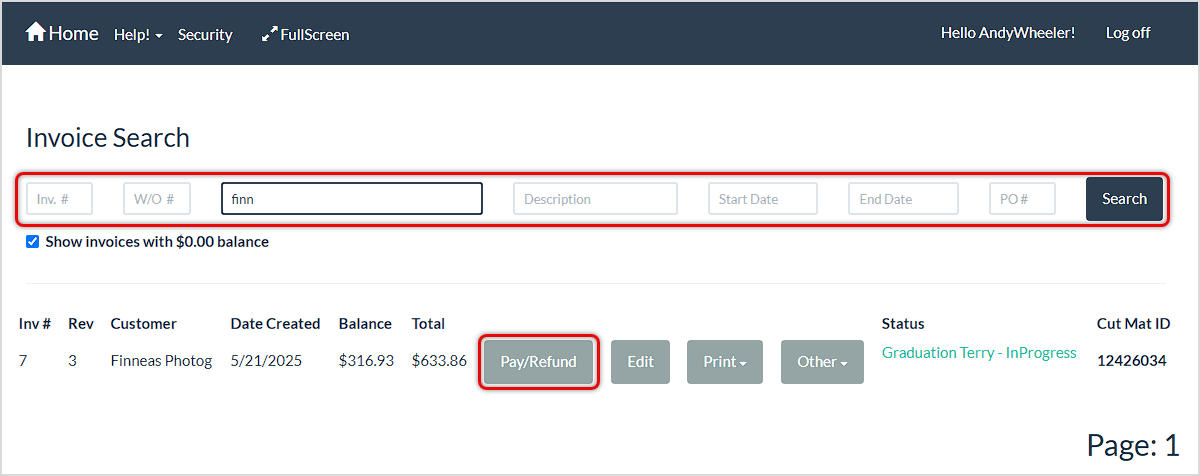 Image showing the Invoice Search page of the LifeSaver system with search and refund functions highlighted.