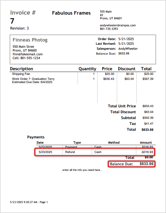 Image showing the invoice print output of the LifeSaver system for a refund transaction.