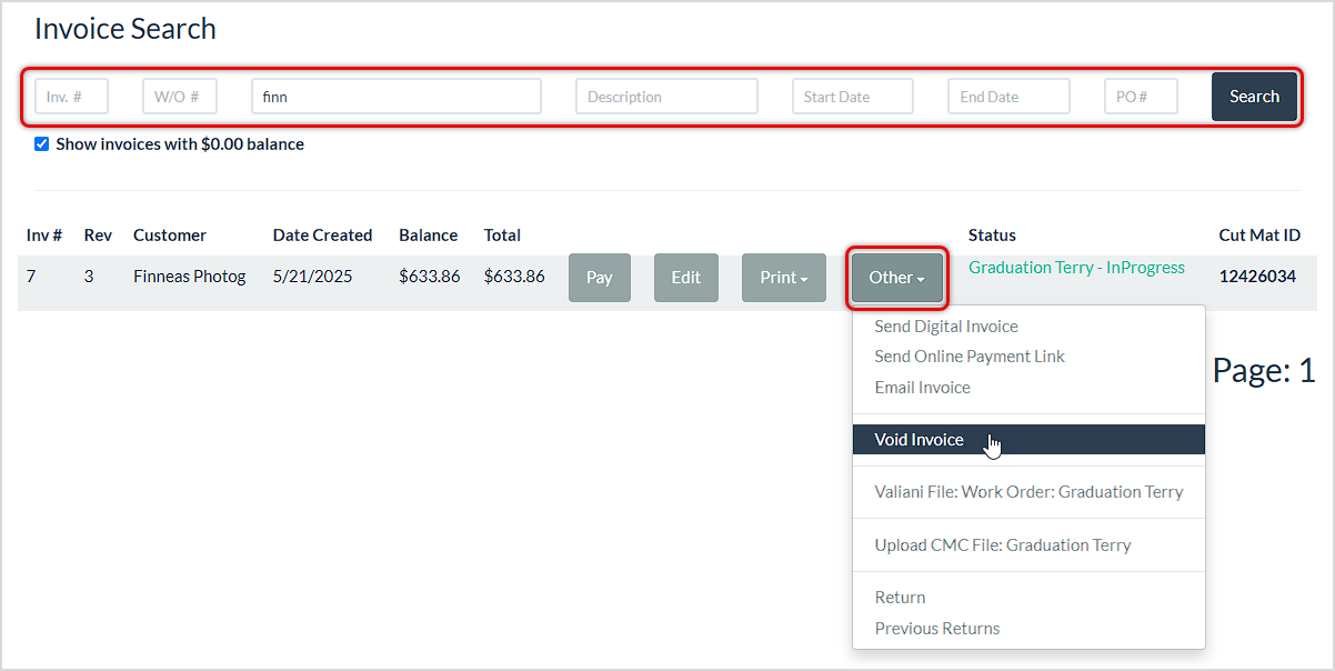 Image showing the Invoice Search page of the LifeSaver system with search and void functions highlighted.