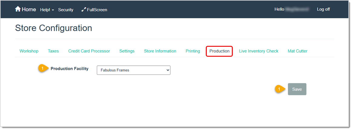 Image showing the Production facility setup tab in the Store Configuration module of the LifeSaver software.
