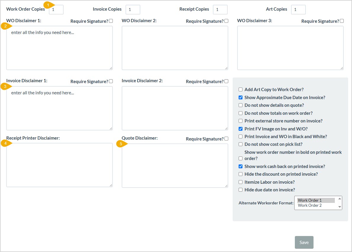 Image showing the Printing tab of the Store Configuration page of the LifeSaver system with features for copies and disclaimers highlighted.