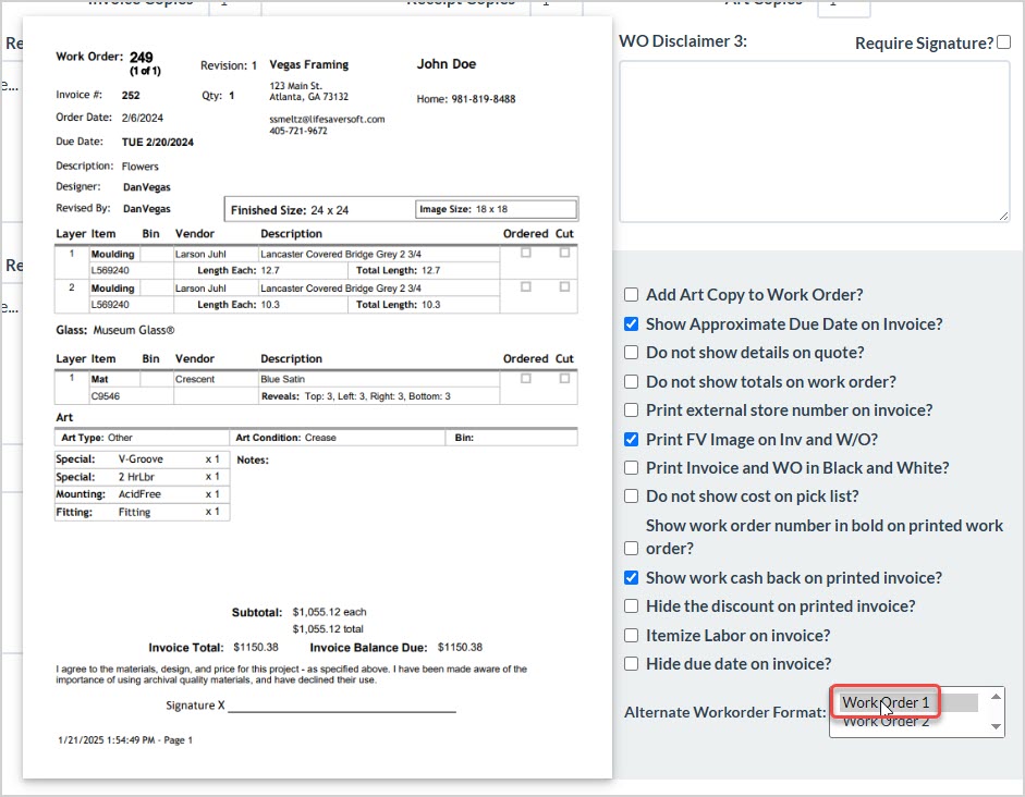Image showing the Work Order 1 example print style from the Printing tab of Store Configuration in the LifeSaver System.