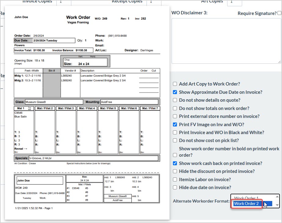 Image showing the Work Order 1 example print style from the Printing tab of Store Configuration in the LifeSaver System.