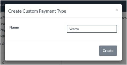 Image showing the Create Custom Payment Type window from the Settings tab of the Store Configuration page of the LifeSaver system.
