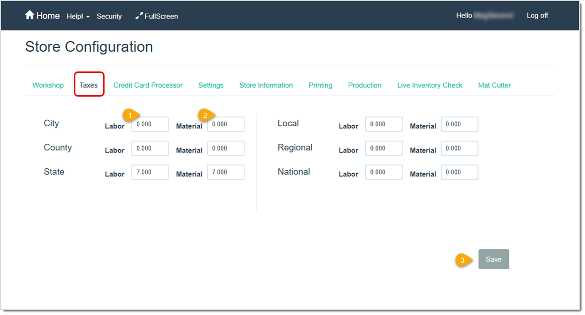Image showing the Taxes setup tab on the Store Configuration page of the LifeSaver software.
