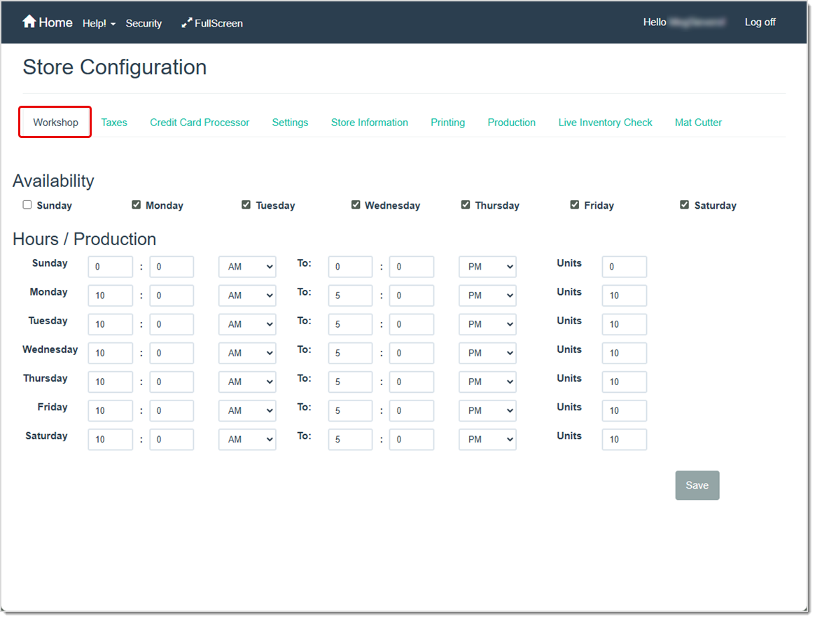 Image showing the LifeSaver Store Configuration page Workshop tab.