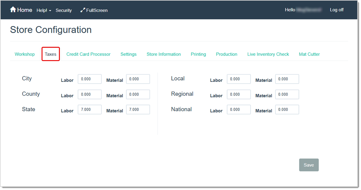 Image showing the LifeSaver Store Configuration page Taxes tab.
