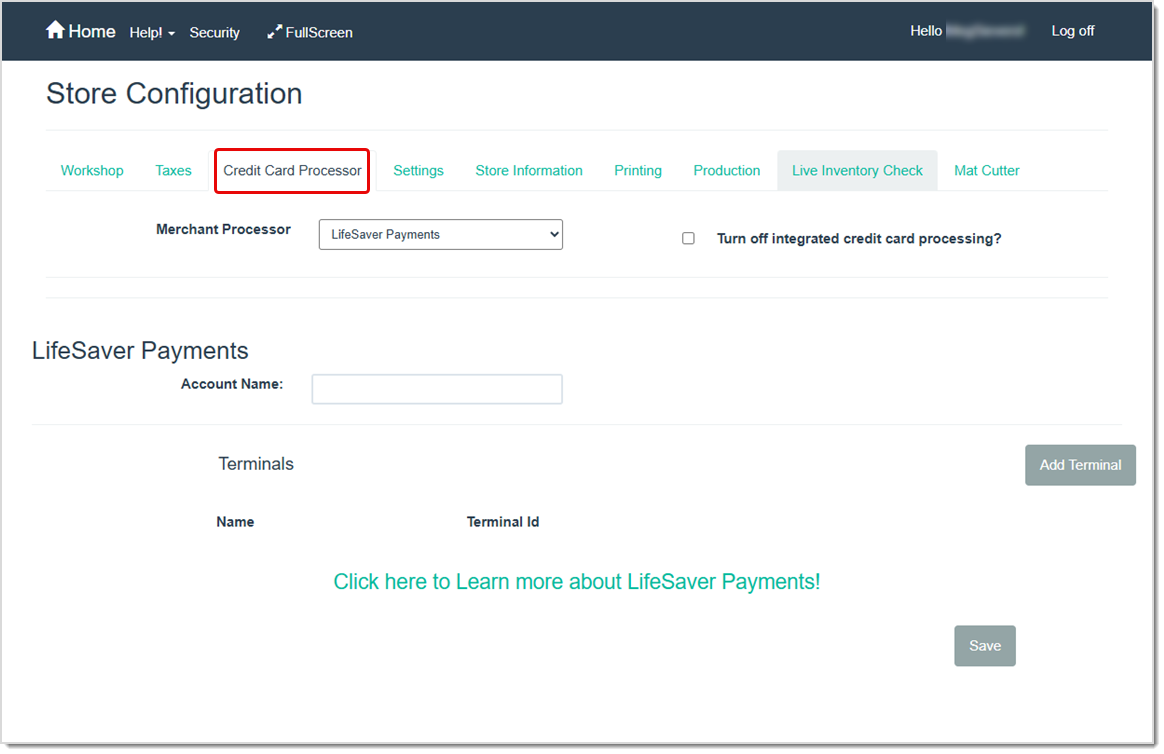 Image showing the LifeSaver Store Configuration page Credit Card Processor tab.