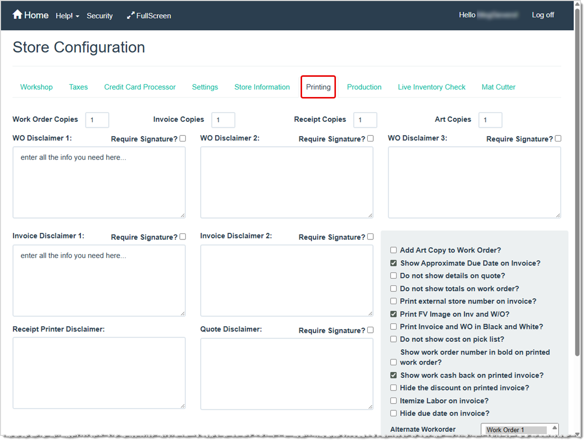 Image showing the LifeSaver Store Configuration page Printing tab.