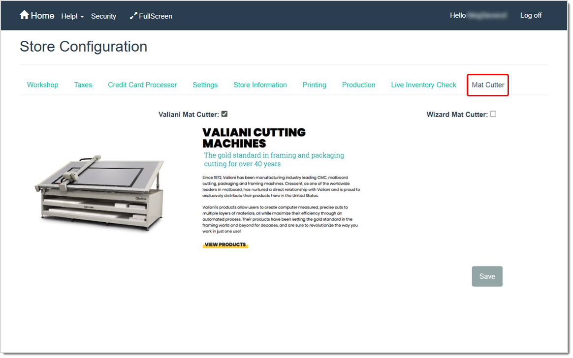Image showing the LifeSaver Store Configuration page Mat Cutter tab.