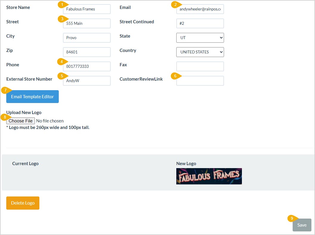 Image showing the Store Information tab of the Store Configuration page of the LifeSaver system with key features highlighted.