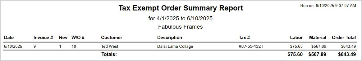 Image showing the Tax Exempt Orders report page in the LifeSaver system.