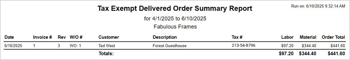Image showing the Tax Exempt Delivered Orders report page in the LifeSaver system.