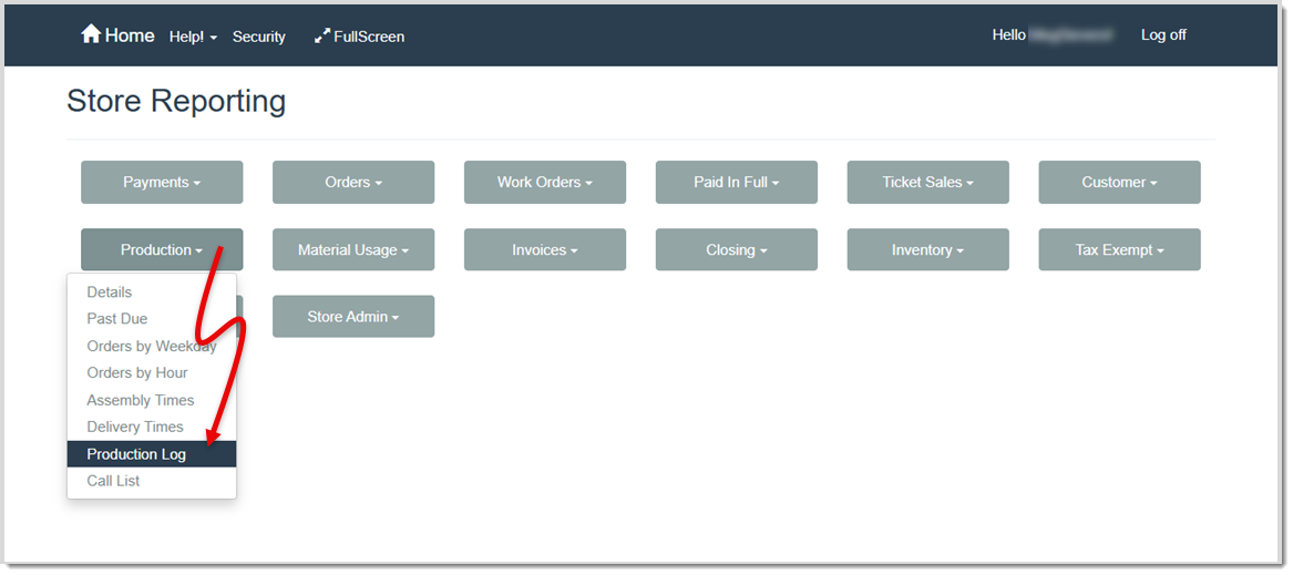 Image showing how to access the Production Log in LifeSaver.