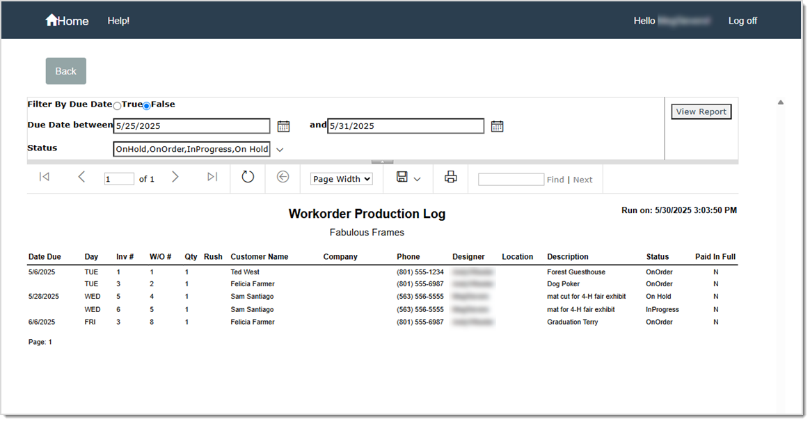 Image showing an example of the Production Log in the LifeSaver software.