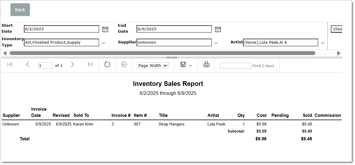 Image displaying the Inventory Sales Report.