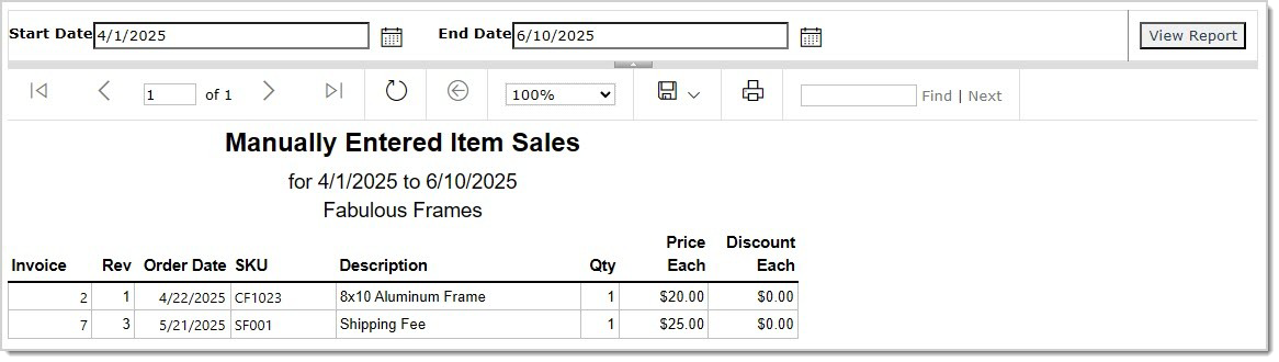 Image displaying the Manually Entered Report.
