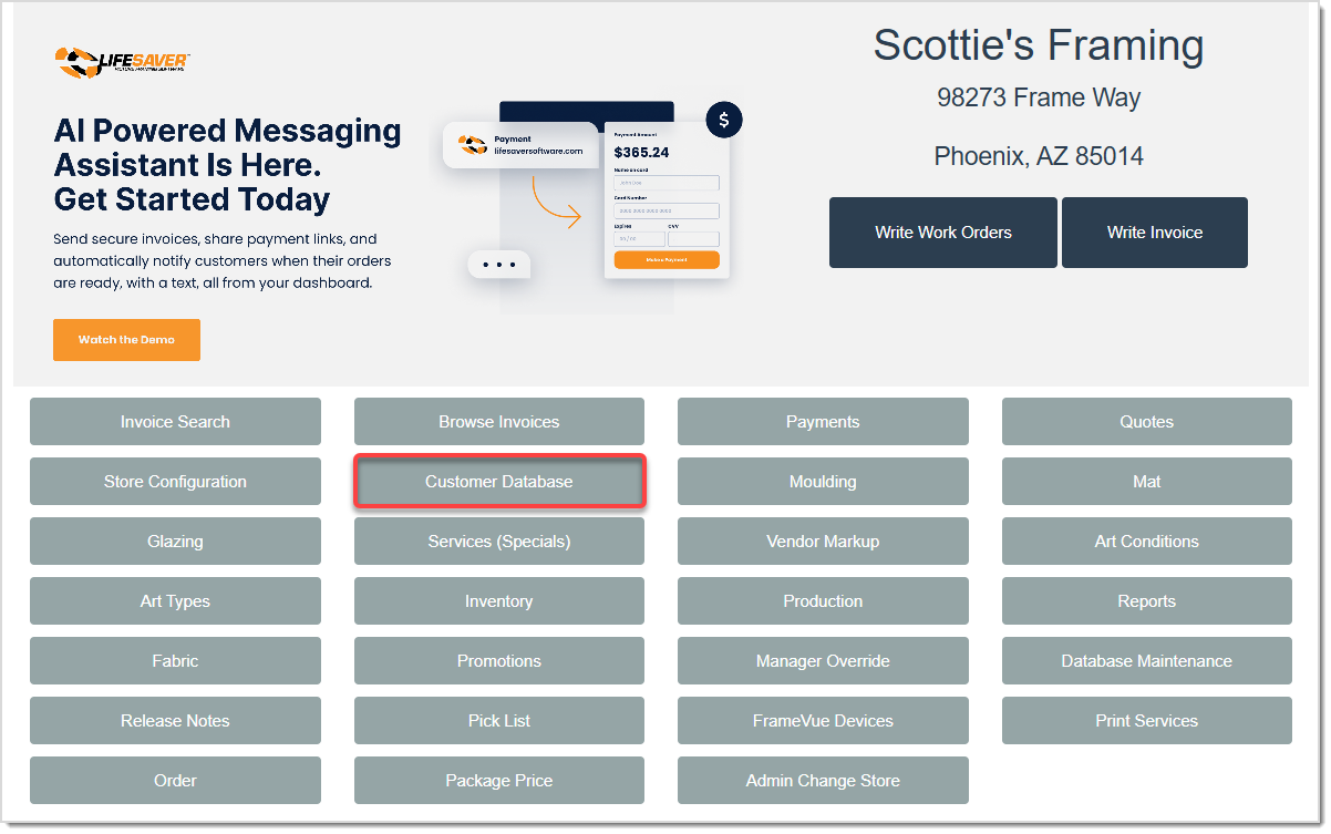 Image displaying the LifeSaver Home page, highlighting the Customer Database button.
