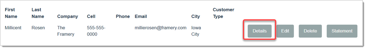 Image showing the Customer Database page, highlighting the Details button.