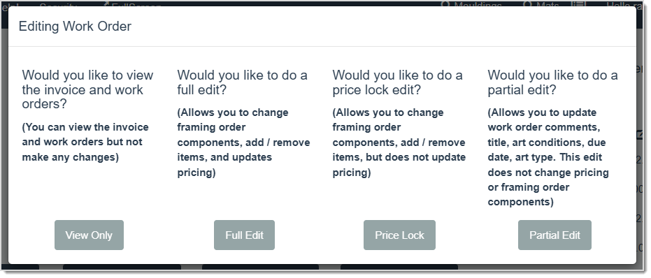 Image displaying the Editing Work Order window which pops up when the Open button is clicked in the Invoice History area of the Customer Details page of the LifeSaver software.