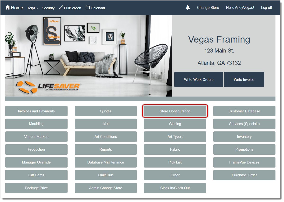 Image of the LifeSaver Software system Home page with the Store Configuration button highlighted.