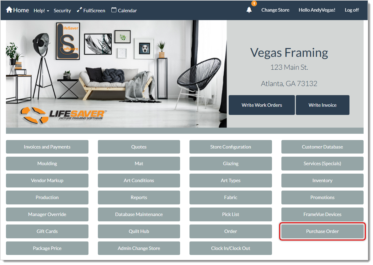 Image of the LifeSaver Software system Home page with the Purchase Order button highlighted.
