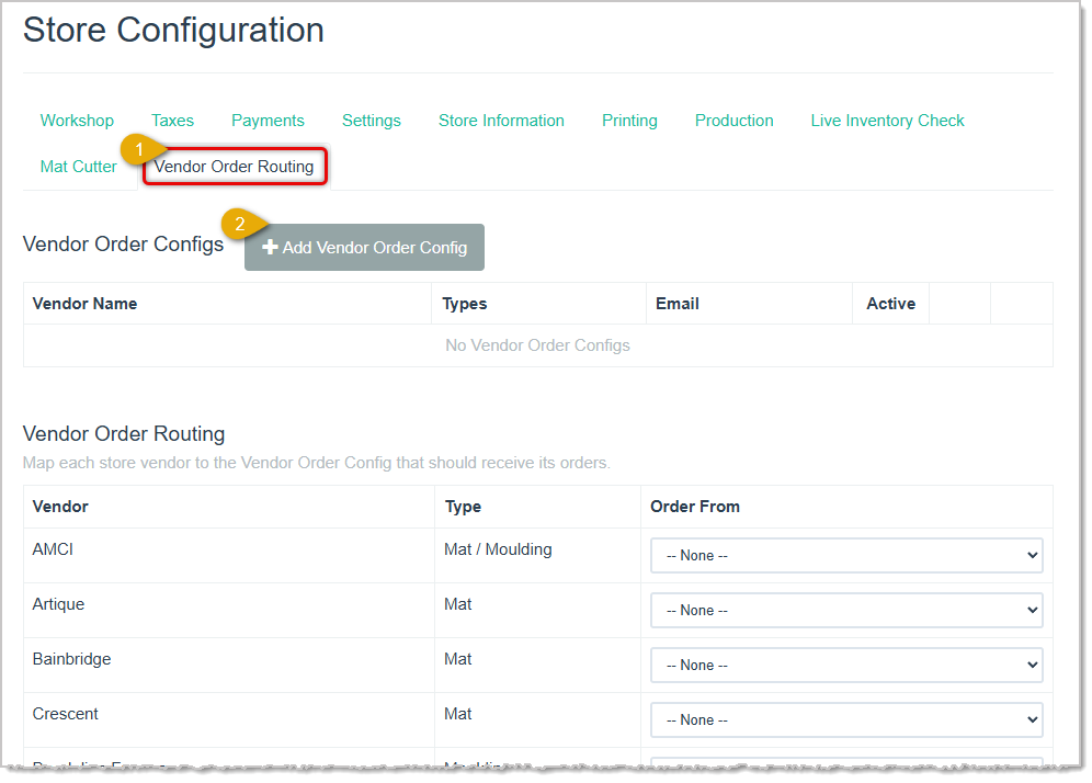 Image of the store configuration page highlighting the Vendor Order Routing tab and the button to create a new Vendor Order Config in the LifeSaver Software system.