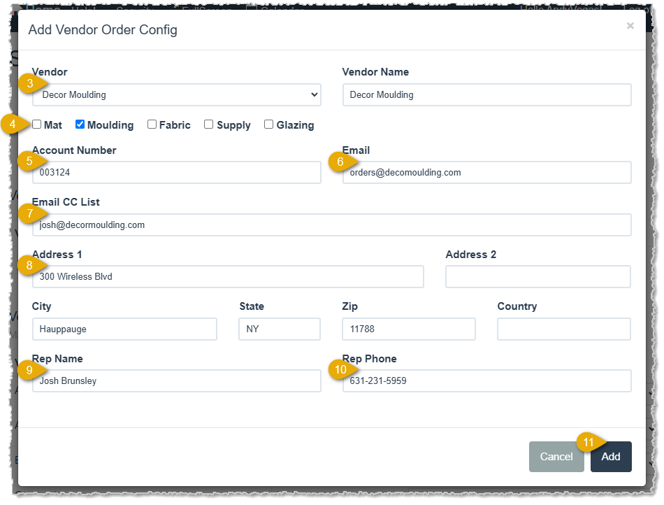 Image showing how to configure a vendor for purchase orders in the Add Vendor Order Config window in the LifeSaver Software system.