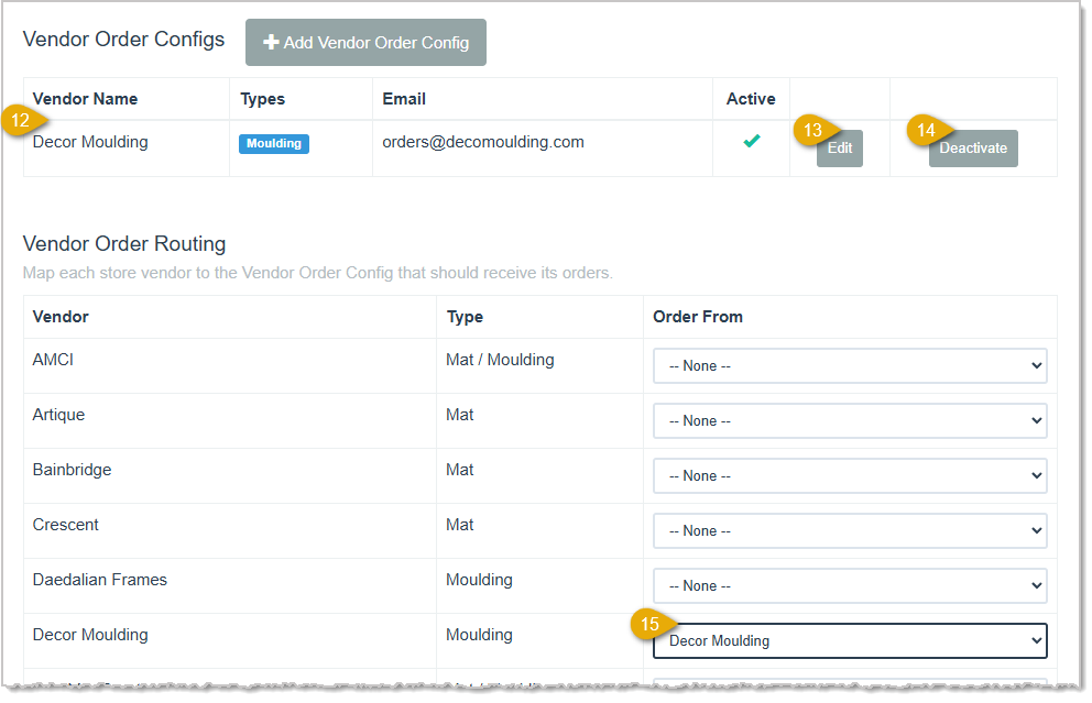 Image showing the major functions of the Vendor Order Configs page in the LifeSaver Software system.