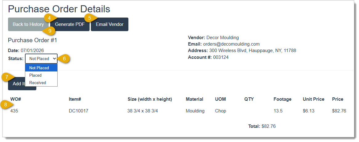 Image showing the Purchase Order Details page with key functions highlighted in the LifeSaver Software system.