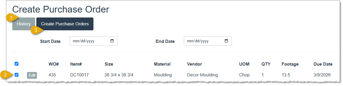 Image showing the initial steps to create a Purchase Order on the Create Purchase Order page of the LifeSaver Software system.