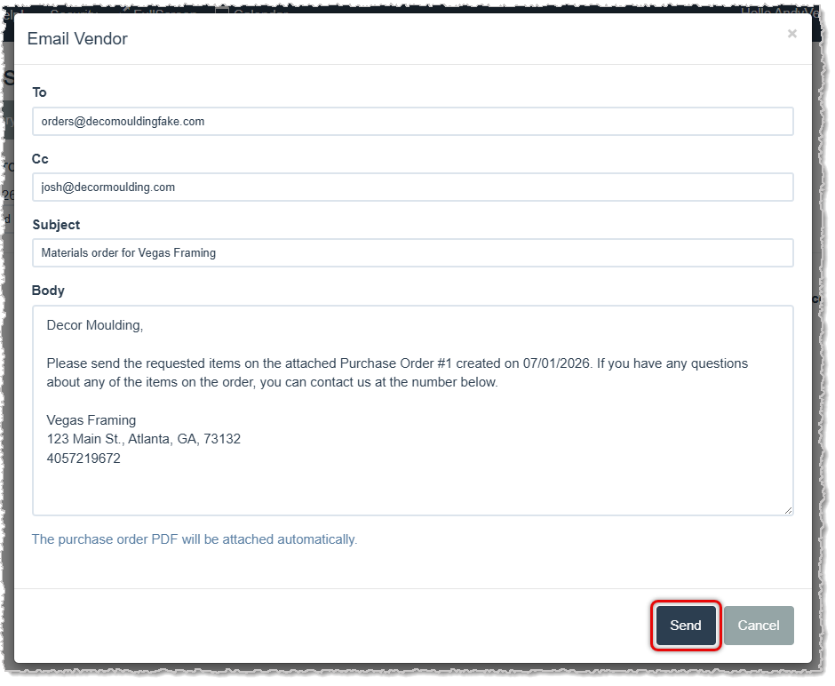 Image showing the Email Vendor window where you can configure a Purchase Order email in the LifeSaver Software system.