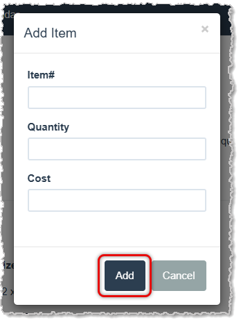 Image of the Add Item window from the Purchase Order Details page that allows you to add items to a PO in the LifeSaver Software system.