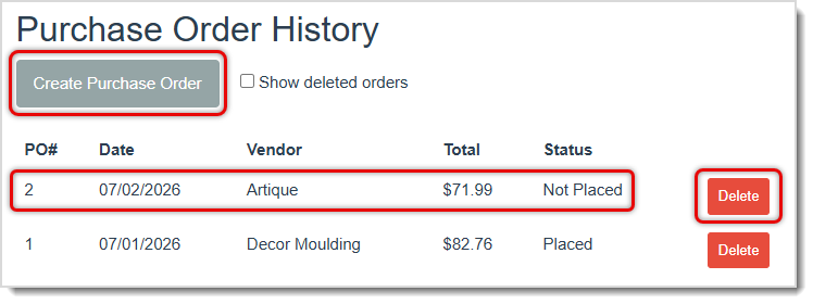 Image showing the Purchase Order History page with key functions highlighted in the LifeSaver Software system.