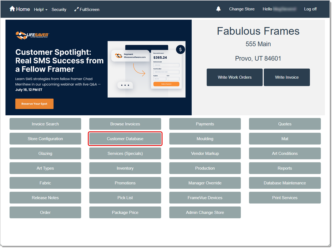 Image showing how to access the Customer Database button on the LifeSaver system Home page.