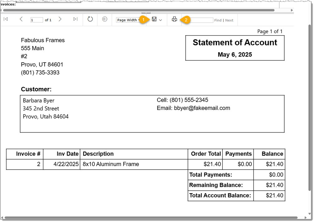 Image showing an example of an account statement ready to download or print to give to your customer through LifeSaver.