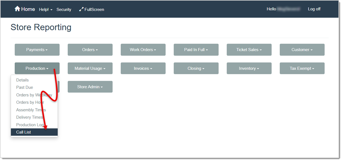 Image showing how to access the Call List from the LifeSaver software’s Store Reporting page.