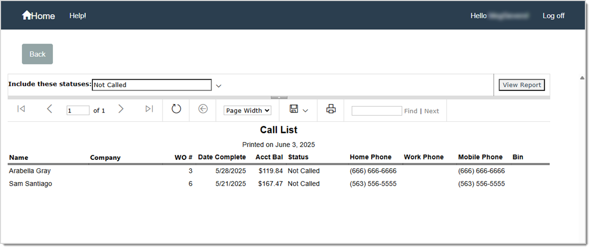 Image showing an example Call List in the LifeSaver software.