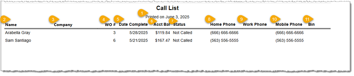 Image showing an example of the Call List details in the LifeSaver software with key features highlighted.