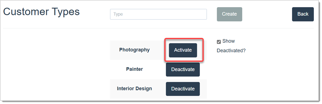 Image showing the Customer Types page, highlighting the Activate button.