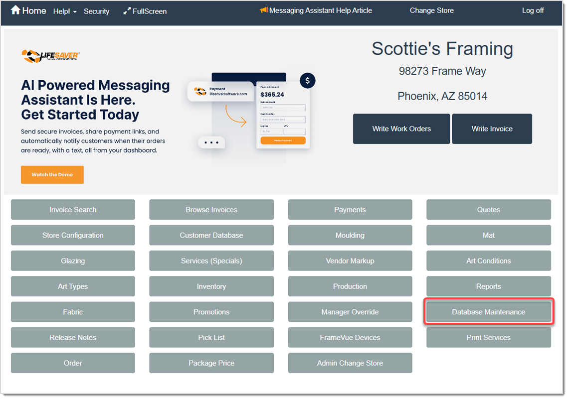 Image displaying the LifeSaver Home page, highlighting the Database Maintenance button.